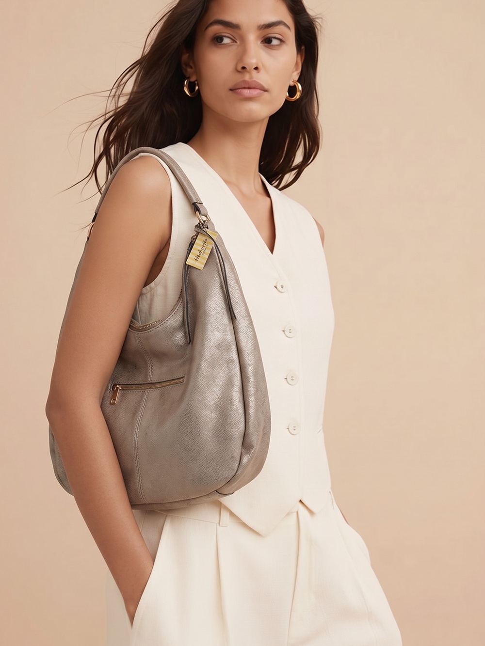 Mellow World Christa Rose Dust Large Leather Shoulder Hobo Bag